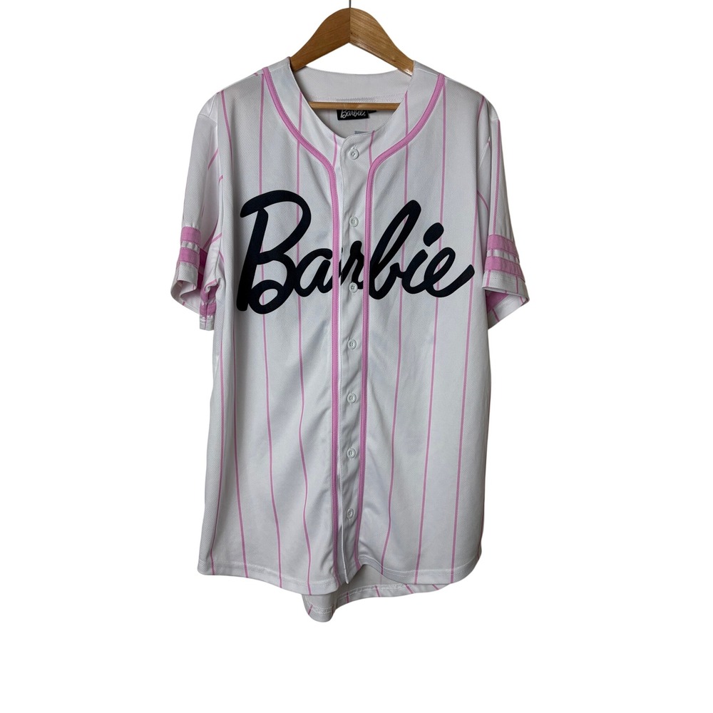 Barbie Womens Pinstripe Baseball Jersey White Pink Button Up Size M Graphic